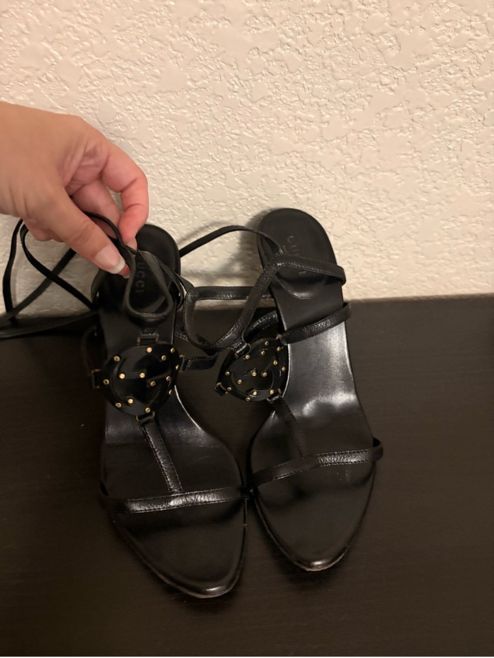 Gucci Black Leather Strappy Heels with Gold Stud Detail